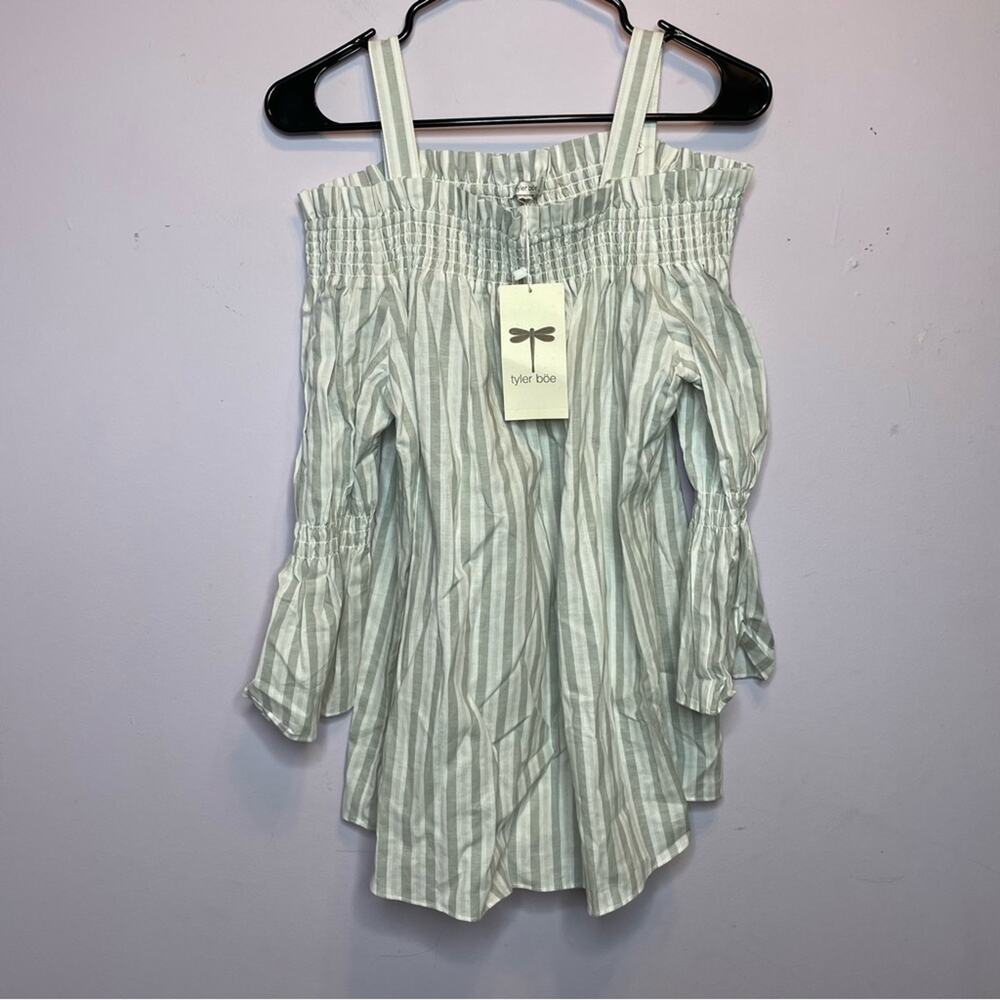 NEW Tyler Boe Striped White Blue Blouse Off the Shoulder Top Womens Large